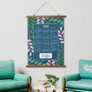 2025 Calendar with Logo - Botanical Blue Peach Hanging Tapestry