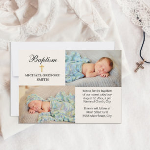 2 Photo Boy Girl Gold Cross Religious Baptism  Invitation