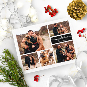 5 Photos Collage Chic Script Merry Christmas Black Postcard