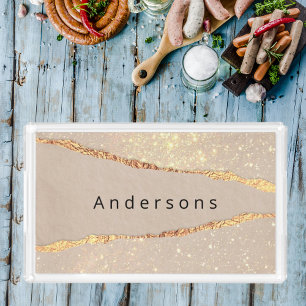 Agate marble stone glitter beige gold monogram acrylic tray