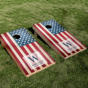 American Flag   Family Monogram   Wood Styled Cornhole Set