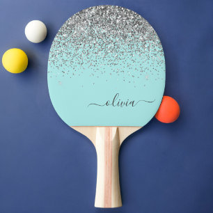 Aqua Blue Teal Silver Glitter Monogram Ping Pong Paddle