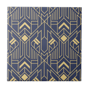 Art Deco Blue Gold Geometric Ceramic Tile