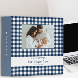 Baby Boy Blue Gingham Check Photo Album 3 Ring Binder