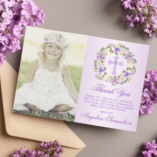 Baptism Communion Confirmation Girl Purple PHOTO Thank You Card