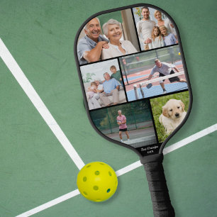 Best Grandpa Dad Ever Photo Collage Black Pickleball Paddle