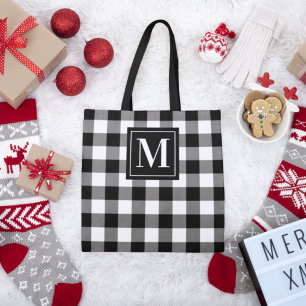 Black and White Buffalo Plaid Custom Monogram Tote Bag