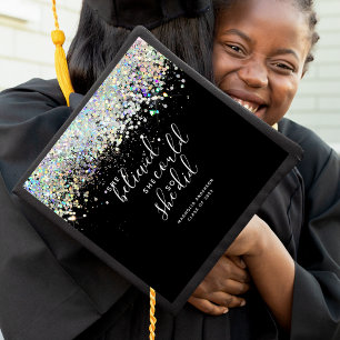 Black Glitter She Believed She Could Name Graduation Cap Topper