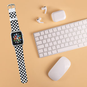 Black White Checkered Pattern Gold Monogrammed Apple Watch Band