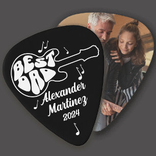 Black White Retro Groovy Best Dad Photo Guitar Pick