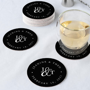 Black & White Wedding Monogram Round Paper Coaster