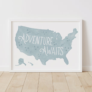 Blue Adventure Awaits US Map Kids Room Decor