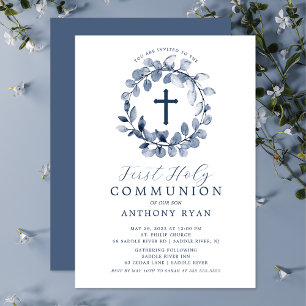 Blue Leaf Boys First Communion Invitation