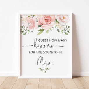 Blush floral how many kisses bridal shower game poster