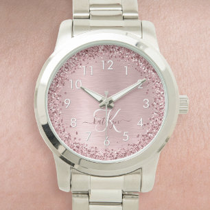 Blush Pink Brushed Metal Glitter Monogram Name Watch