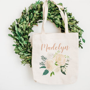 Blush Pink Floral Bouquet Wedding Bridesmaid Name Tote Bag