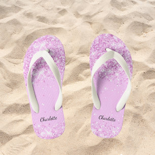 Blush pink glitter drips name girl  kid's flip flops