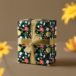 Botanical Floral Festive Garden Pattern Black Wrapping Paper