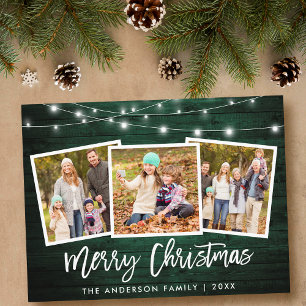 Brush Script Green Wood Lights 3 Photo Christmas Postcard