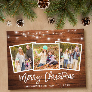 Brush Script Rustic Wood Lights 3 Photo Christmas Postcard