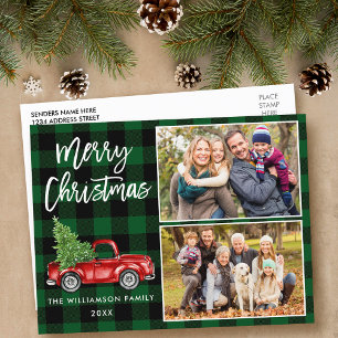 Brush Script Truck 2 Photo Christmas Green Plaid Postcard