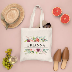 Burgundy Pink Floral Bridesmaid Monogram Name Tote Bag