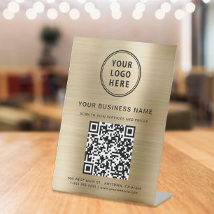 Business QR Code and Logo Metallic Gold Pedestal Sign