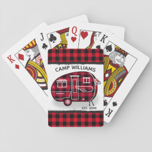 Camper Rustic Red Buffalo Plaid Monogram Name Poker Cards