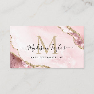 Chic Blush Pink Gold Glitter Marble Agate Monogram Business Card