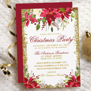 Christmas Party Red Poinsettia Floral Gold Glitter Invitation