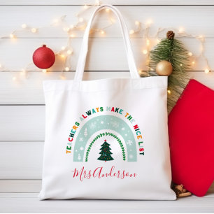 Christmas teacher rainbow nice list cute gift tote bag