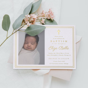 Classic Gold Cross Religious Baptism & Christening Foil Invitation