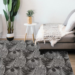 Coastal Beach Tropical Leaf Dark Black and White Rug