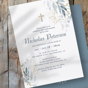 Confirmation For Him Modern Foliage Gold Cross Invitation