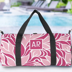 Cool Pink & White Modern Floral Pattern Monogram Duffle Bag