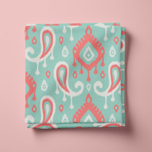 Coral Aqua and Mint Ikat Paisley Fabric