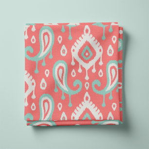 Coral Aqua and Mint Ikat Paisley Fabric