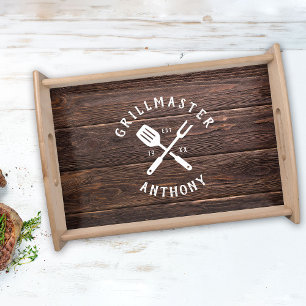 Custom Retro GRILLMASTER Rustic Dark Wood Print Serving Tray