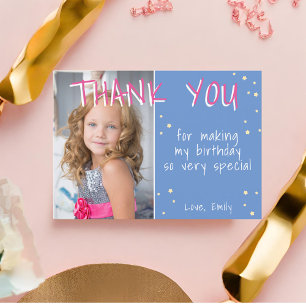 Cute Blue Star Girl Photo Birthday Thank You Card