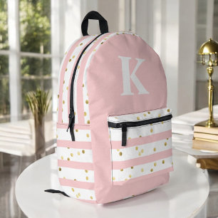 Cute Girl's Pink Stripes Dots and Large Monogram Printed Backpack