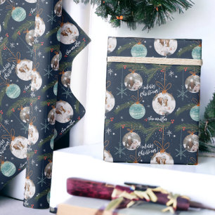 Cute merry Christmas illustration name 2 photos Wrapping Paper