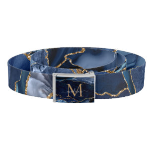 Cute Navy Blue Gold Agate Geode Feminine Monogram Belt