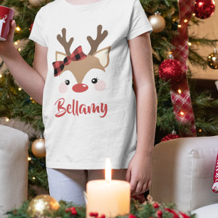 Cute Reindeer Plaid Bow Name In Red Christmas T-Shirt