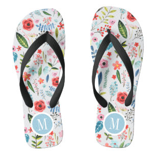 Cute Tropical Flowers & Leafs Botanical Pattern Flip Flops