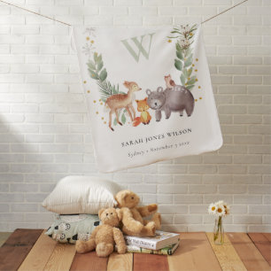 Cute Woodland Animal Leafy Wreath Monogram Kids Baby Blanket