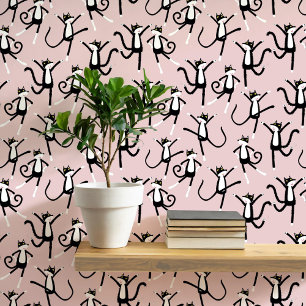 Dancing Cat Pattern Blush Pink Wallpaper