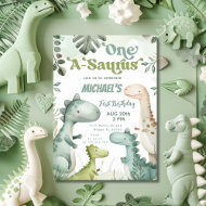 Dinosaur One-A-Saurus Boy 1st Birthday Party Invitation