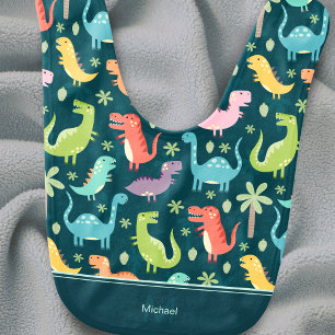 Dinosaur Pattern Blue Monogrammed Boy Baby Bib