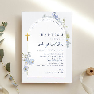 Dusty Blue Delphinium Arch Boys Baptism Invitation