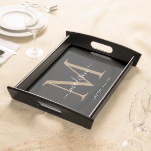 Elegant Black Gold Girly Monogram Script Name Serving Tray